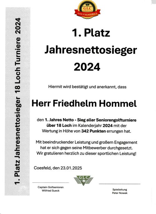 Jahressieger  18 Loch Turniere  2024  1. Platz netto F. Hommel  RevA