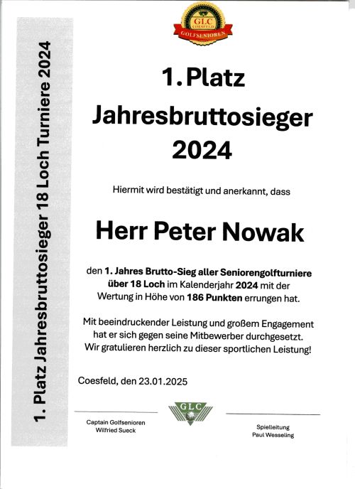 Jahressieger  18 Loch Turniere  2024 1. Platz Peter Nowack RevA