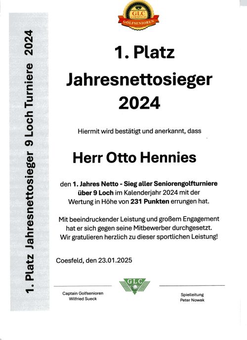 Jahressieger  9 Loch Turniere  2024  1. Platz netto Otto Hennies  RevA