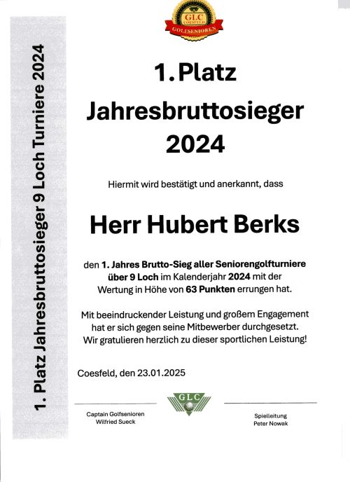 Jahressieger  9 Loch Turniere  2024 1. Platz brutto Hubert Berks RevA